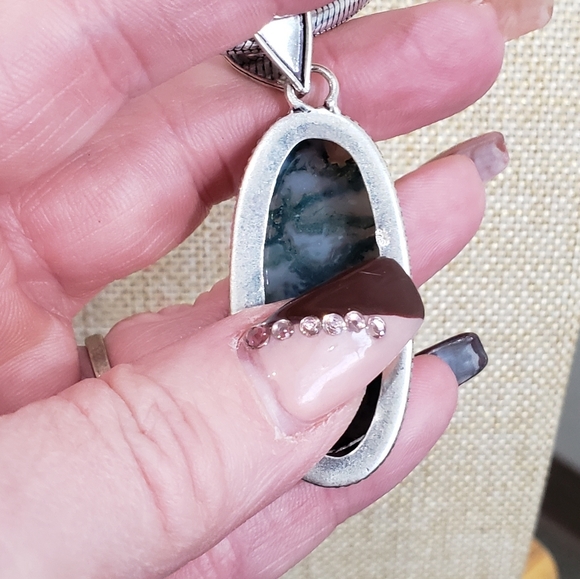 Natural Moss Agate Gem 925 Silver Handmade Thick Heavy Long Pendant Necklace - Picture 15 of 16